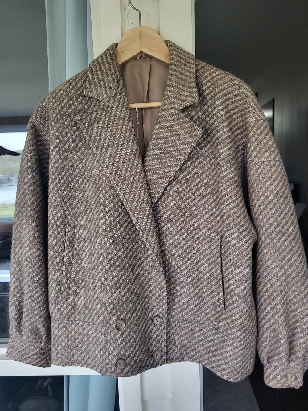 Vintage St. Michael Sz 14 Wool-Blend Herringbone Pea Coat - Taupe